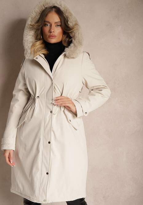 Jasnobeżowa Długa Kurtka o Fasonie Parki z Futerkiem Edelais