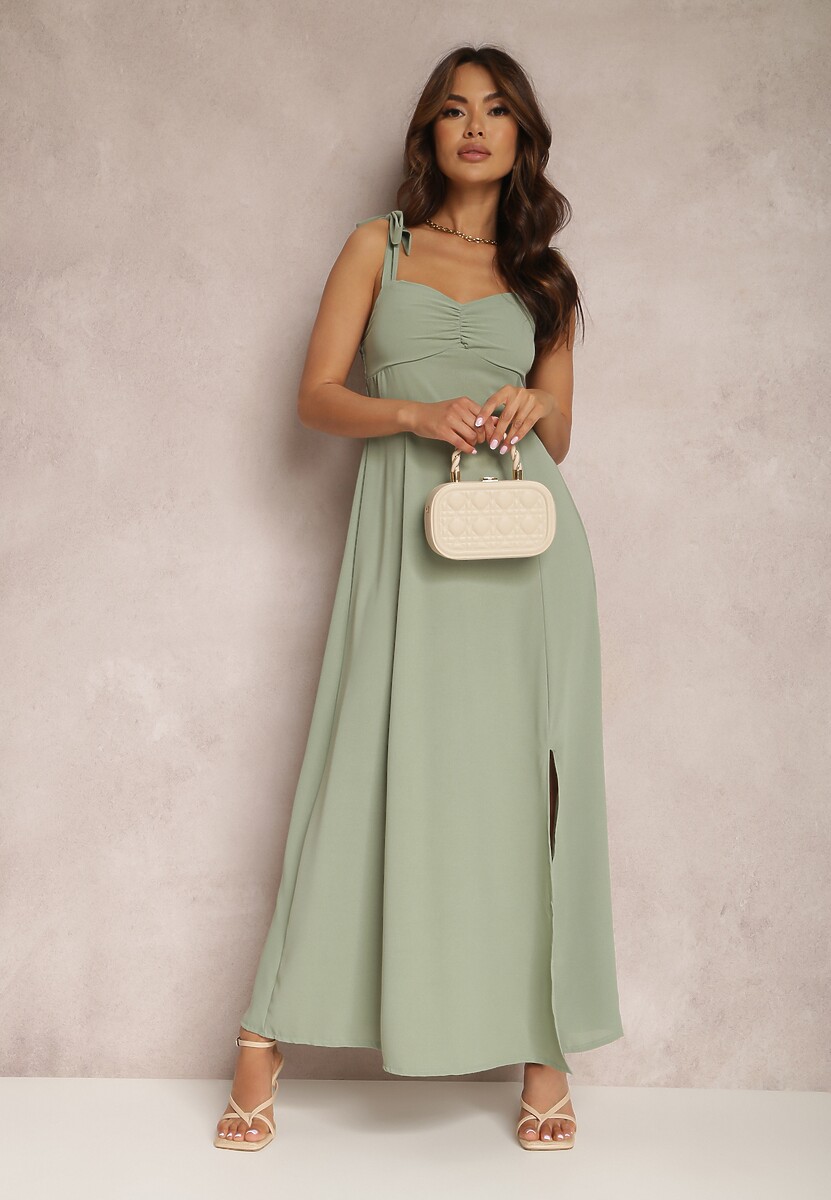 Zielona Sukienka Rozkloszowana z Wiązanymi Ramiączkami i Wycięciem Argomeda