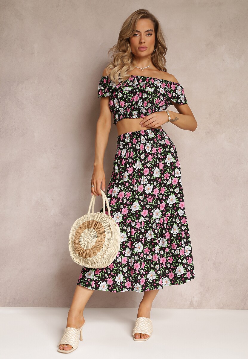 Czarny Bawełniany Komplet 2-częściowy z Topem i Spódnicą Ransa