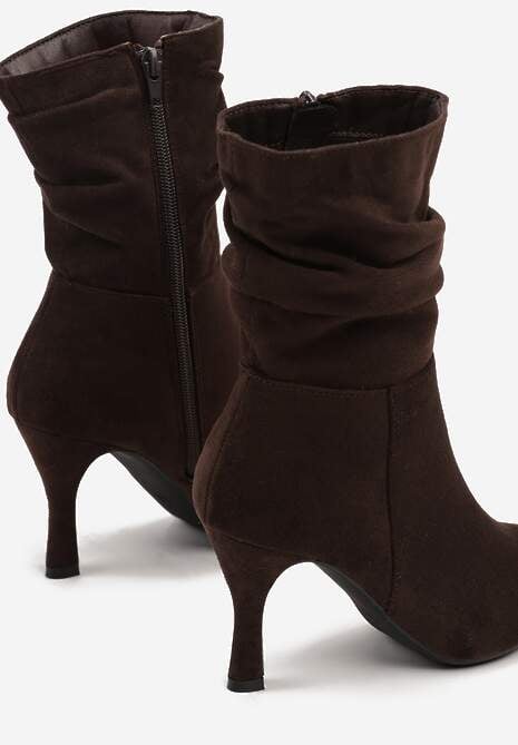 Brązowe Marszczone Botki Vices z Ekozamszu na Niskim Obcasie Typu Szpilka Savalith
