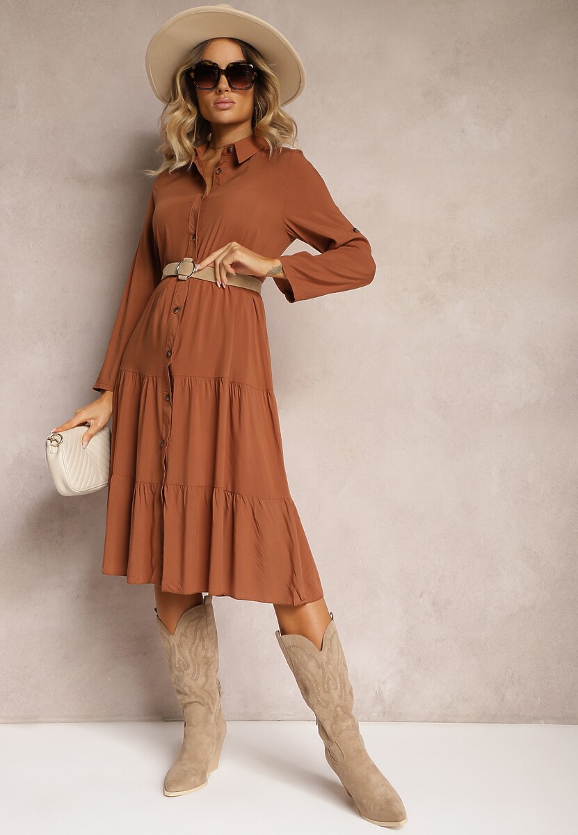 Brązowa Rozkloszowana Sukienka z Bawełny w Koszulowym Stylu Canidre