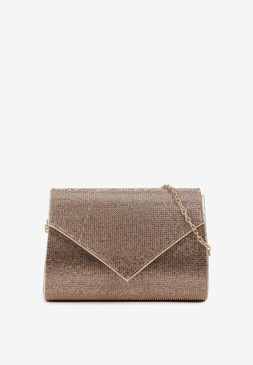 Złota Torebka  Kopertówka z Ozdobnymi Cyrkoniami i Metalowym Łańcuszkiem Tiamate