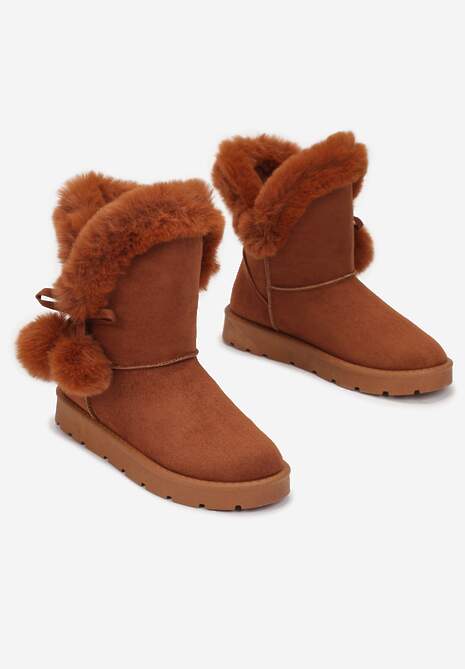 Brązowe Śniegowce z Futerkiem i Pomponami Teido