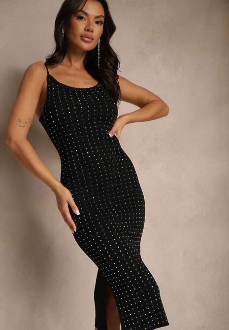 Czarna Dzianinowa Sukienka z Wiskozą o Dopasowanym Kroju z Cyrkoniami i Rozcięciem Selianael