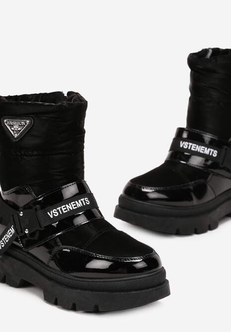 Czarne Śniegowce Lakierowane z Taśmami z Napisami Ermanno