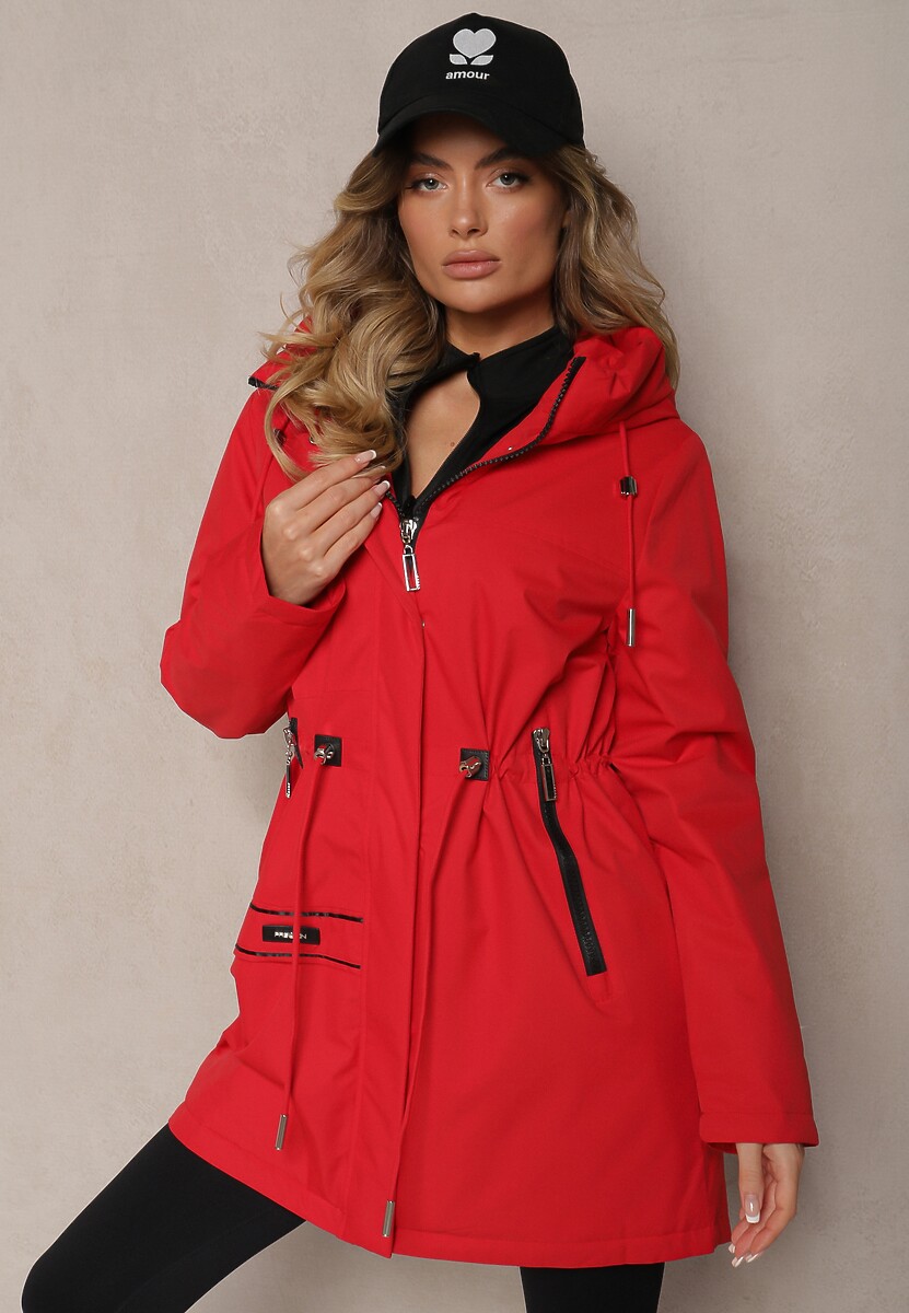 Czerwona Kurtka w Stylu Parki na Napy ze Ściągaczami w Pasie Ardodia