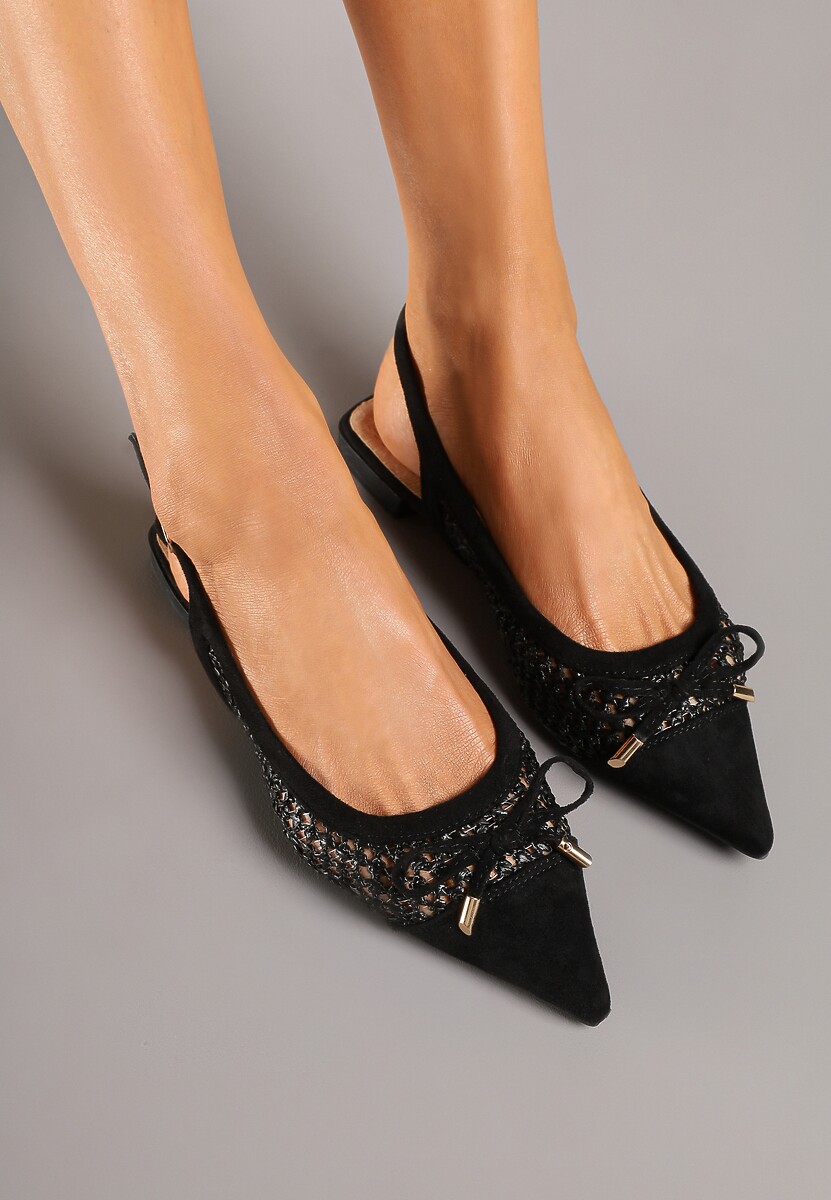 Czarne Sandały Balerinki z Plecionki ze Szpiczastym Noskiem i Kokardką Leawenne