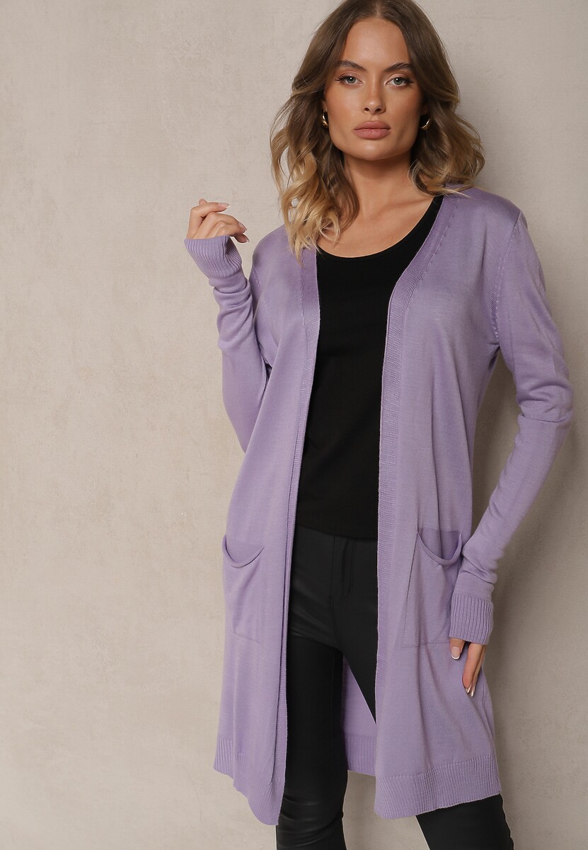 Szary Kardigan Bez Zapięć o Prostym Kroju ze Wsuwanymi Kieszonkami Torinia