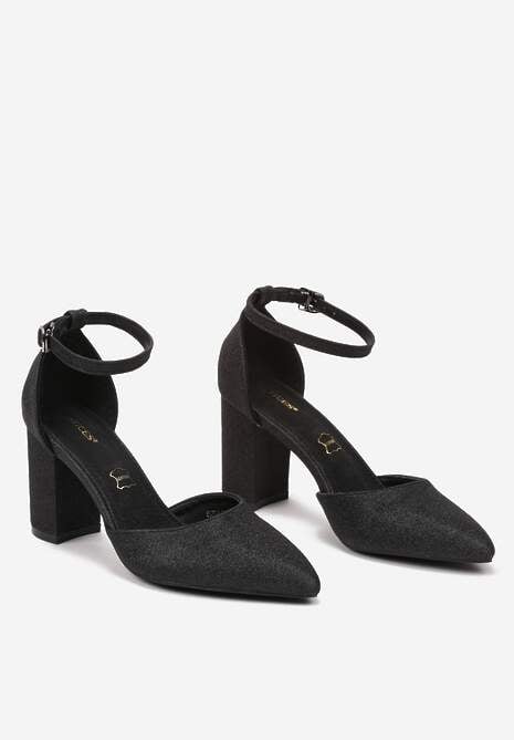 Czarne Brokatowe Czółenka Vices na Słupku ze Skórzaną Wkładką Rianora