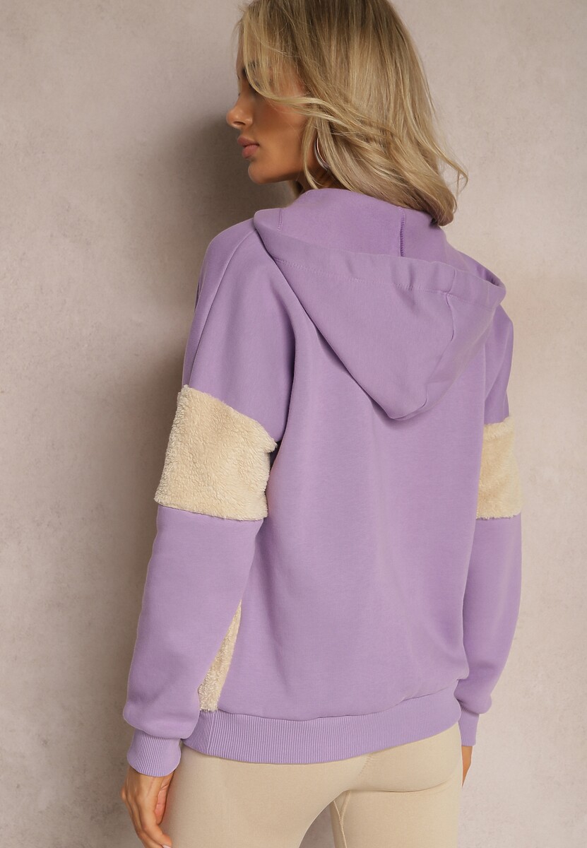 Jasnofioletowa Bawełniana Bluza z Kapturem ze Ściągaczami i Polarem Eurynia