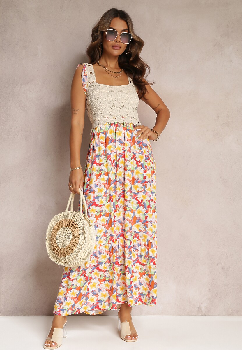 Niebieska Maxi Wiskozowa Sukienka Maxi w Kwiaty z Kwadratowym Dekoltem Alten