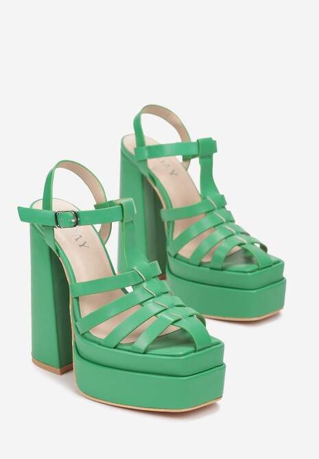 Zielone Sandały na Wysokim Słupku i Platformie z Kwadratowym Noskiem i Sprzączką Lakota