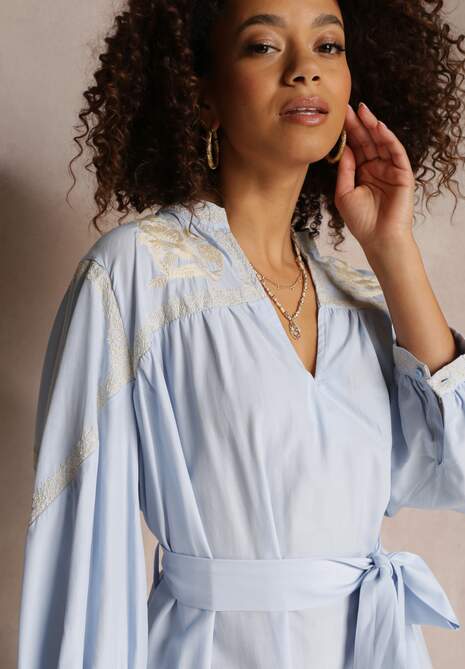 Niebieska Pudełkowa Sukienka Mini z Wiązanym Paskiem i Haftem Eudas