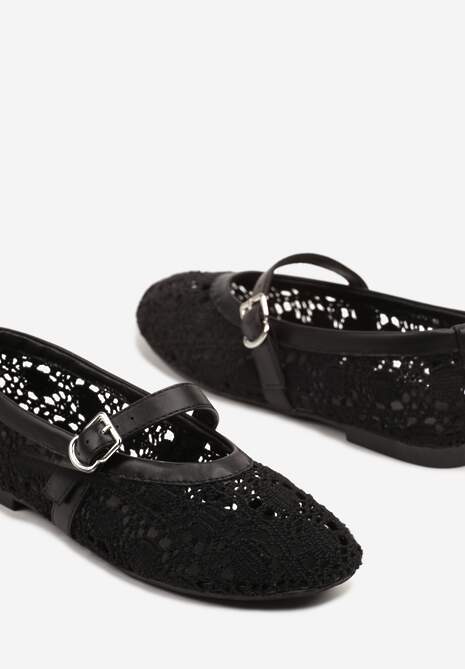 Czarne Balerinki w Stylu Mary Jane z Ażurową Cholewką Ridissea