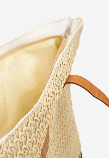 Beżowo-Granatowa Duża Torebka Jednokomorowa na Suwak o Plecionym Fasonie Kastra