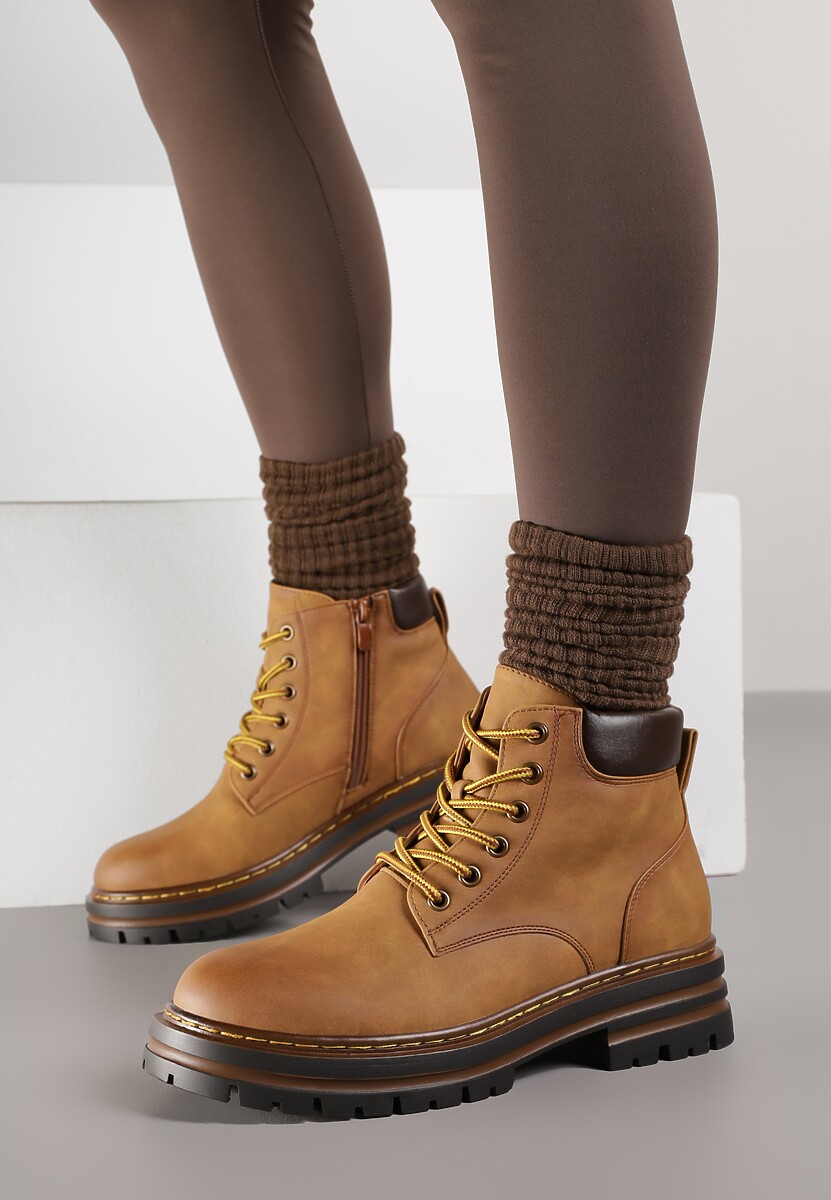 Brązowe Traperki z Ociepleniem i Sznurowaniem Almudena