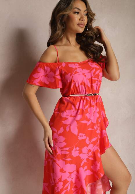 Czerwono-Różowa Midi Sukienka w Kwiaty Hiszpanka o Rozkloszowanym Kroju Terrina
