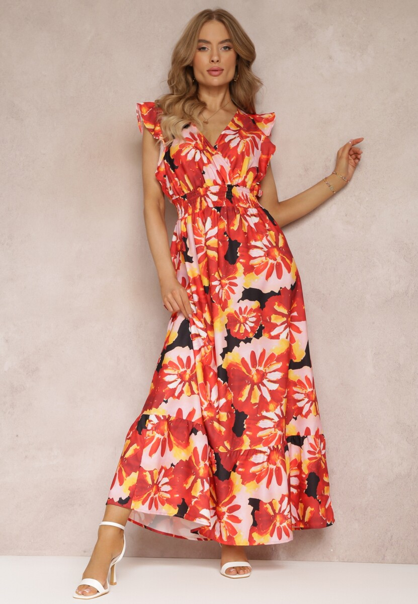 Czerwona Rozkloszowana Sukienka w Kwiaty z Gumką w Pasie Viente