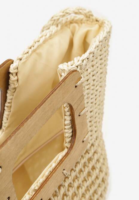 Jasnobeżowa Pleciona Torebka w Stylu Plażowym z Drewnianymi Uchwytami i Dłuższym Paskiem Rerina