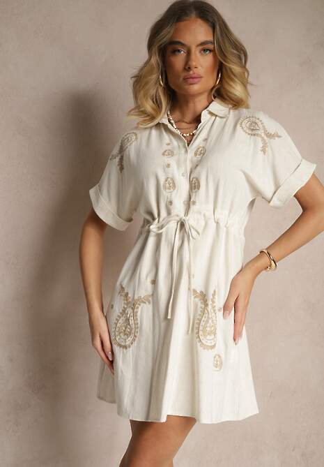 Beżowa Koszulowa Sukienka z Bawełny Ozdobiona Sznurkiem i Haftami Ronara