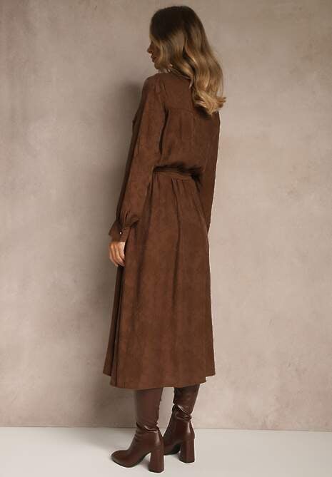 Brązowa Koszulowa Sukienka z Wiskozy o Rozkloszowanym Fasonie z Wiązaniem Isozera