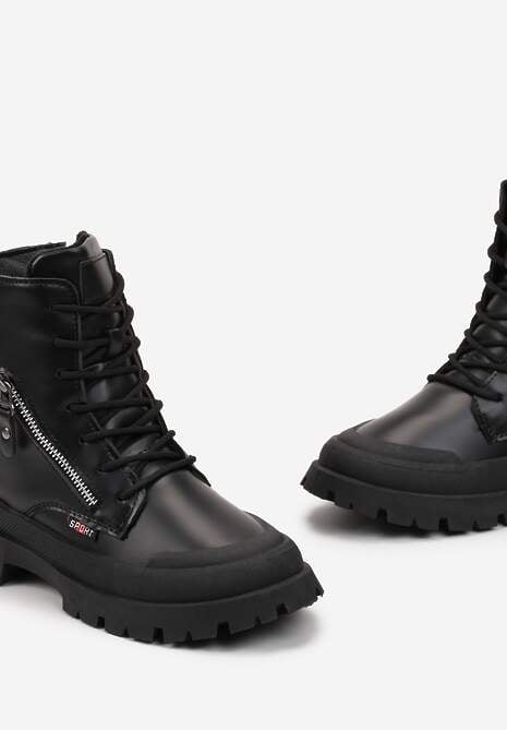 Czarne Traperki z Protektorem i Metaliczną Wstawką i Ozdobnym Suwakiem Dazzlina