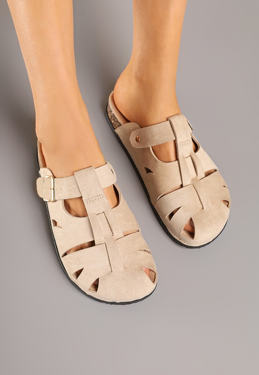 Beżowe Klapki w Stylu Chodaków Zdobione Wycięciami Wisae