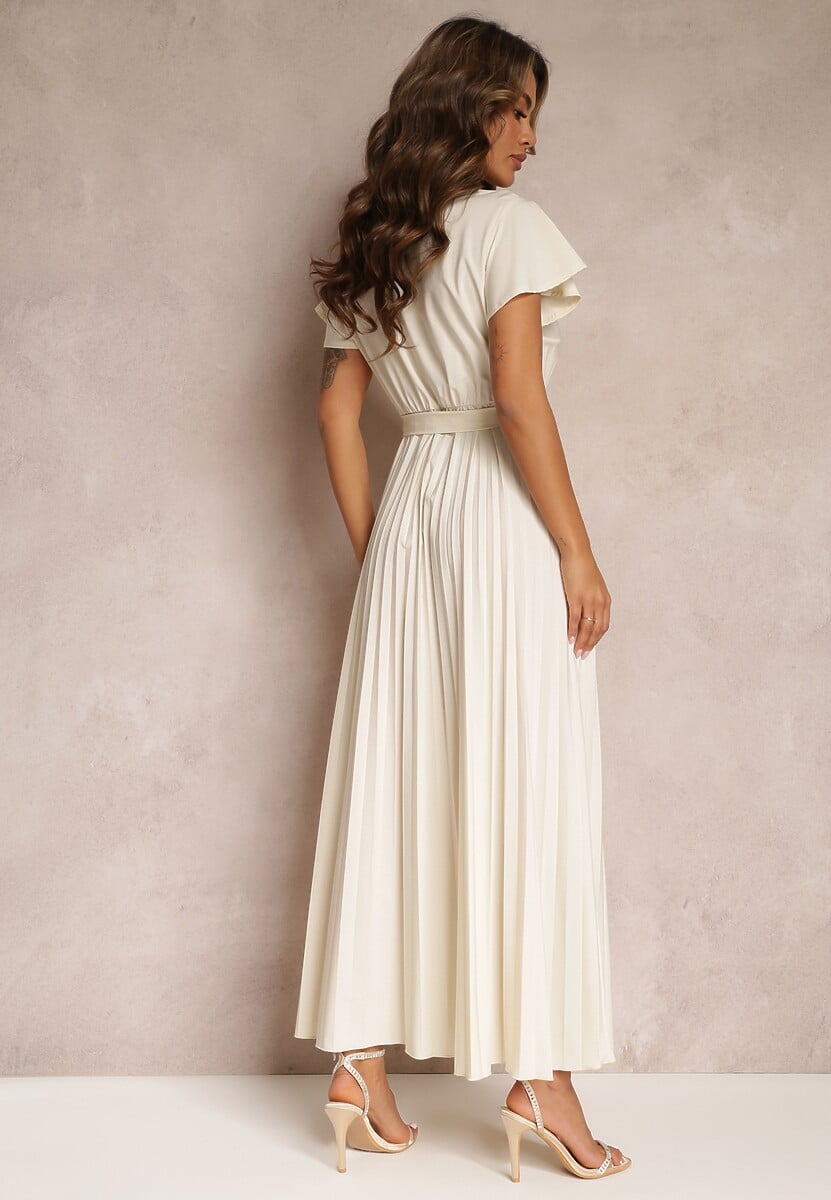 Jasnobeżowa Koktajlowa Maxi Sukienka Ozdobiona Plisami z Trójkątnym Dekoltem i Wiązaniem w Talii Phoelia