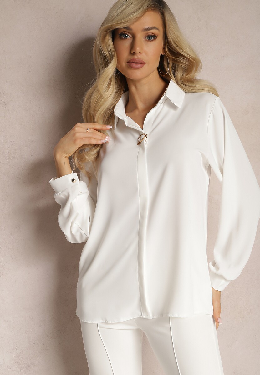 Czerwona Bluzka z Kołnierzem i Broszką z Perłą Laviona