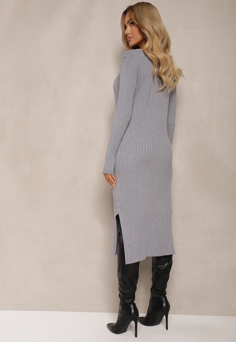 Szara Sweterkowa Sukienka z Wiskozą i Wycięciami po Bokach Resila