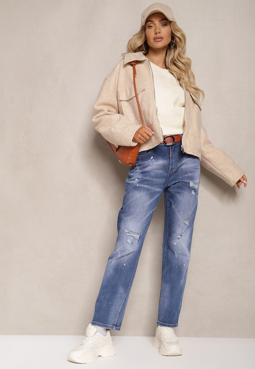 Niebieskie Jeansy z Bawełny Ozdobione Paskiem i Przetarciami Fronzina