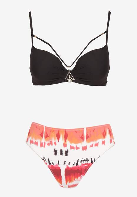 Czarne Bikini Majtki Figi i Biustonosz Push-Up Ozdobiony Paskami Wiobella