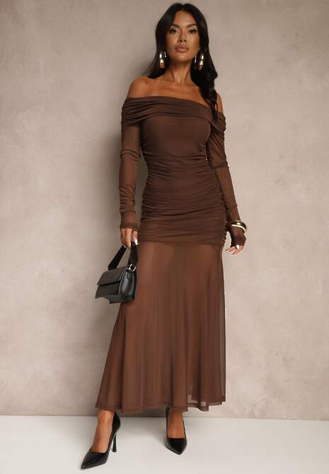 Brązowa Koktajlowa Sukienka z Prześwitującymi Rękawami i Marszczeniem Haludea