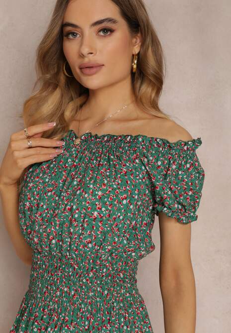 Zielona Bawełniana Sukienka z Gumką w Talii o Fasonie Hiszpanki Jazmi