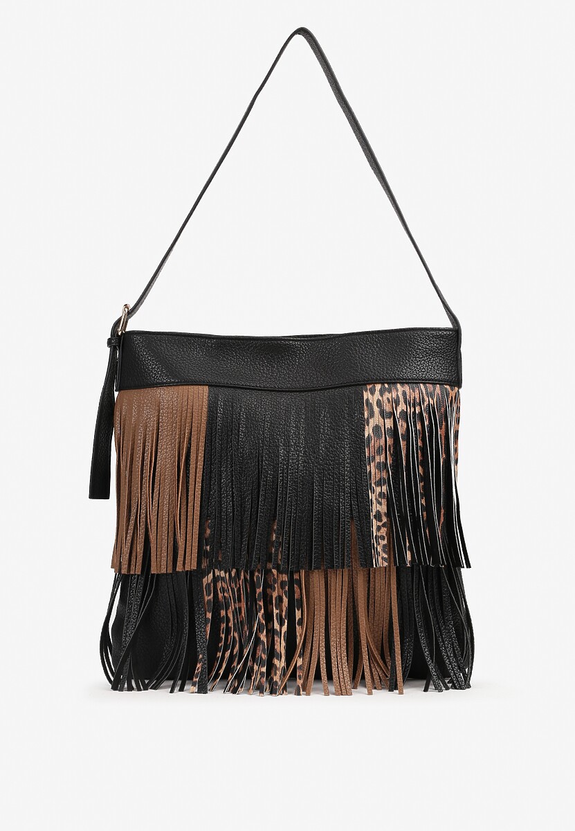 Brązowo-Czarna Torebka Listonoszka z Regulowanym Paskiem Zdobiona Frędzlami w Cętki Ravaniselle