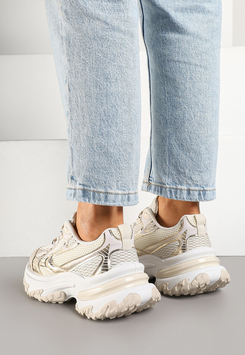 Złote Sneakersy na Platformie z Geometrycznym Wzorem Mevriane