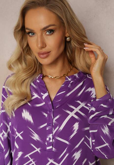 Fioletowa Bluzka z Zapięciem na Guziki i Długim Rękawem Milames