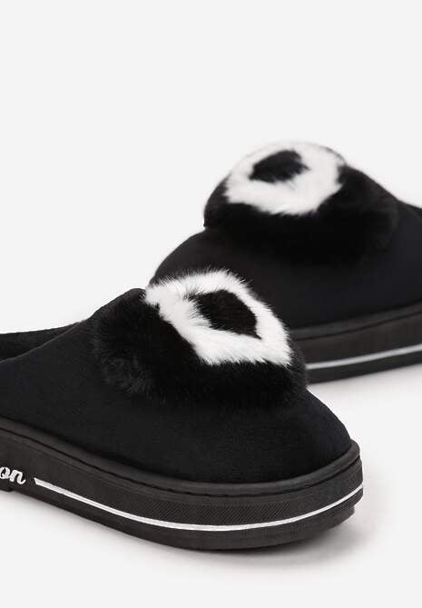 Czarne Kapcie na Grubej Podeszwie z Futrzaną Aplikacją Phoenix