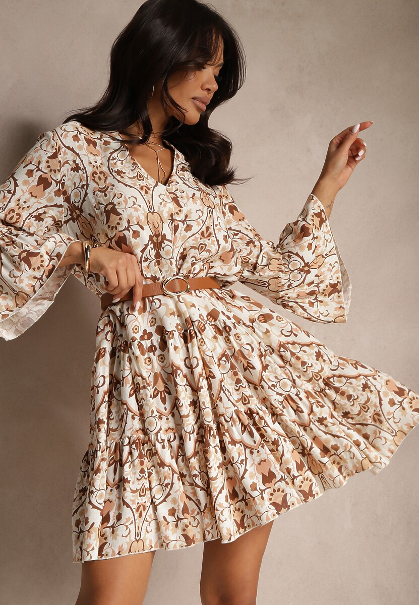 Brązowa Sukienka z Wiskozą o Rozkloszowanym Kroju w Etniczny Print Aledia