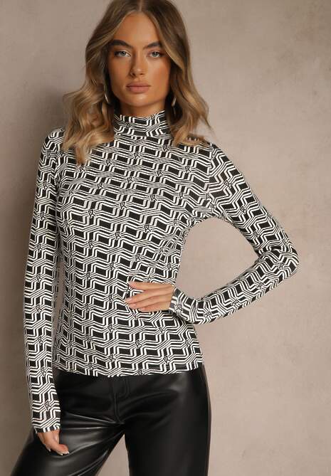 Biało-Czarna Bluzka Longsleeve z Golfem z Bawełny w Geometryczny Print Zadanevia
