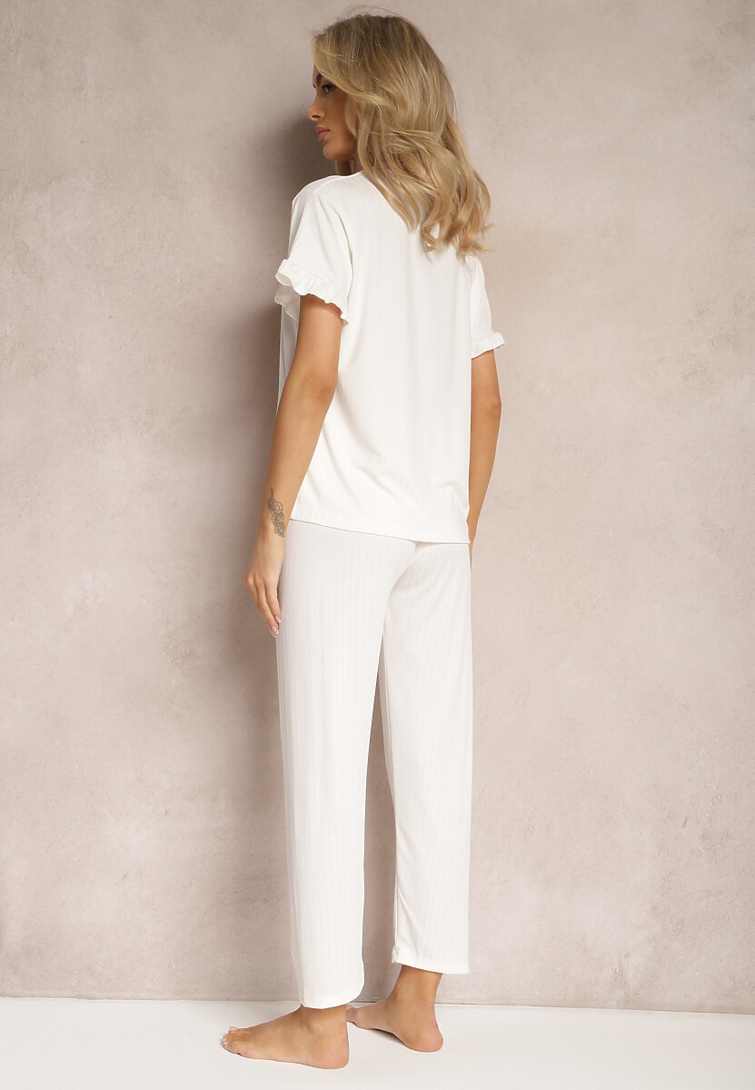 Jasnobeżowy 2-Częściowy Komplet Piżamowy Koszulka z Napisem i Proste Spodnie Niela