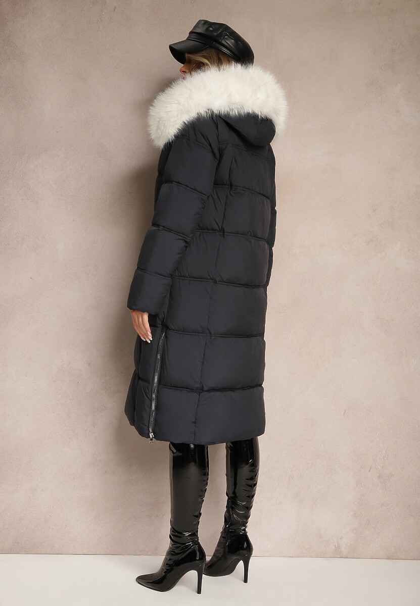 Granatowa Długa Pikowana Kurtka z Kapturem i Odpinanym Futerkiem Edariel