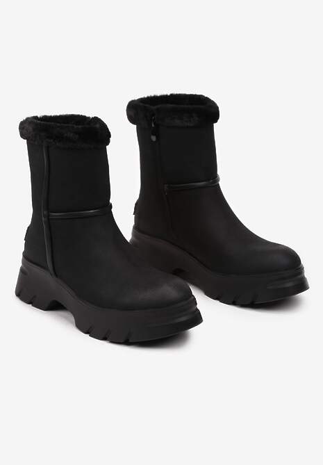 Czarne Śniegowce na Niskiej Platformie z Ozdobnym Futerkiem Revianna