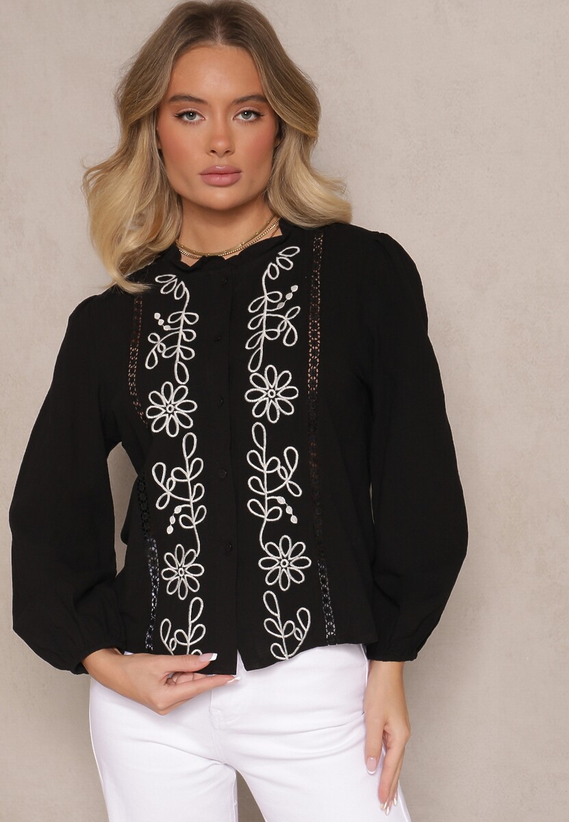 Czarna Koszula z Wiskozą Bawełną i Haftem Nalorielle