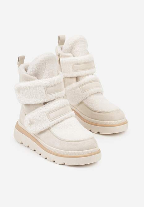 Beżowe Botki Typu Śniegowce na Platformie z Dwoma Ozdobnymi Rzepami Edarlia
