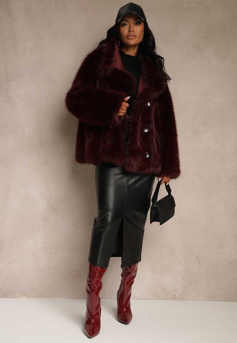 Bordowa Dwustronna Kurtka Biker Ozdobiona Futerkiem Flitta