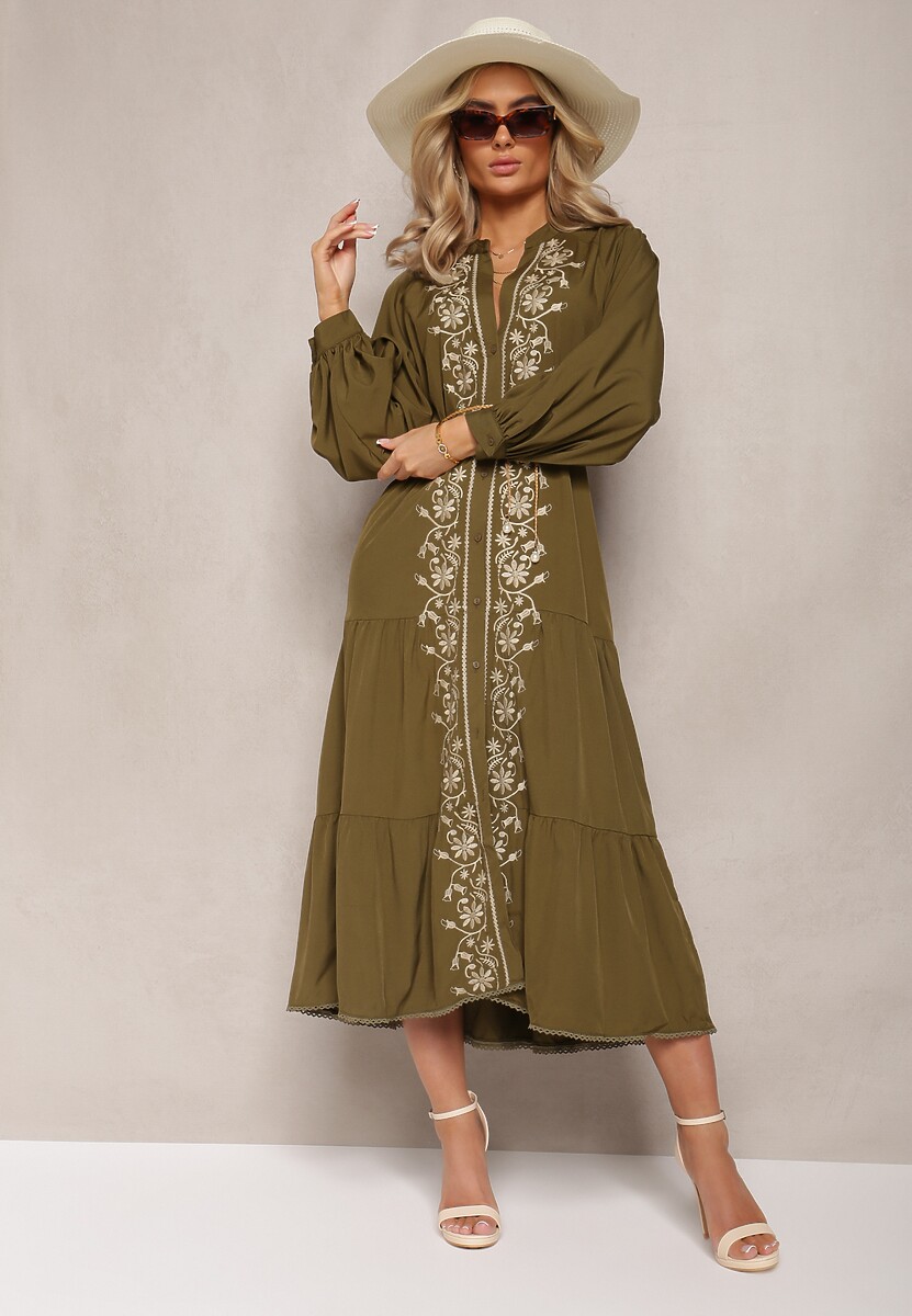 Ciemnozielona Midi Sukienka o Trapezowym Kroju z Ozdobnymi Haftami w Stylu Boho Tactila