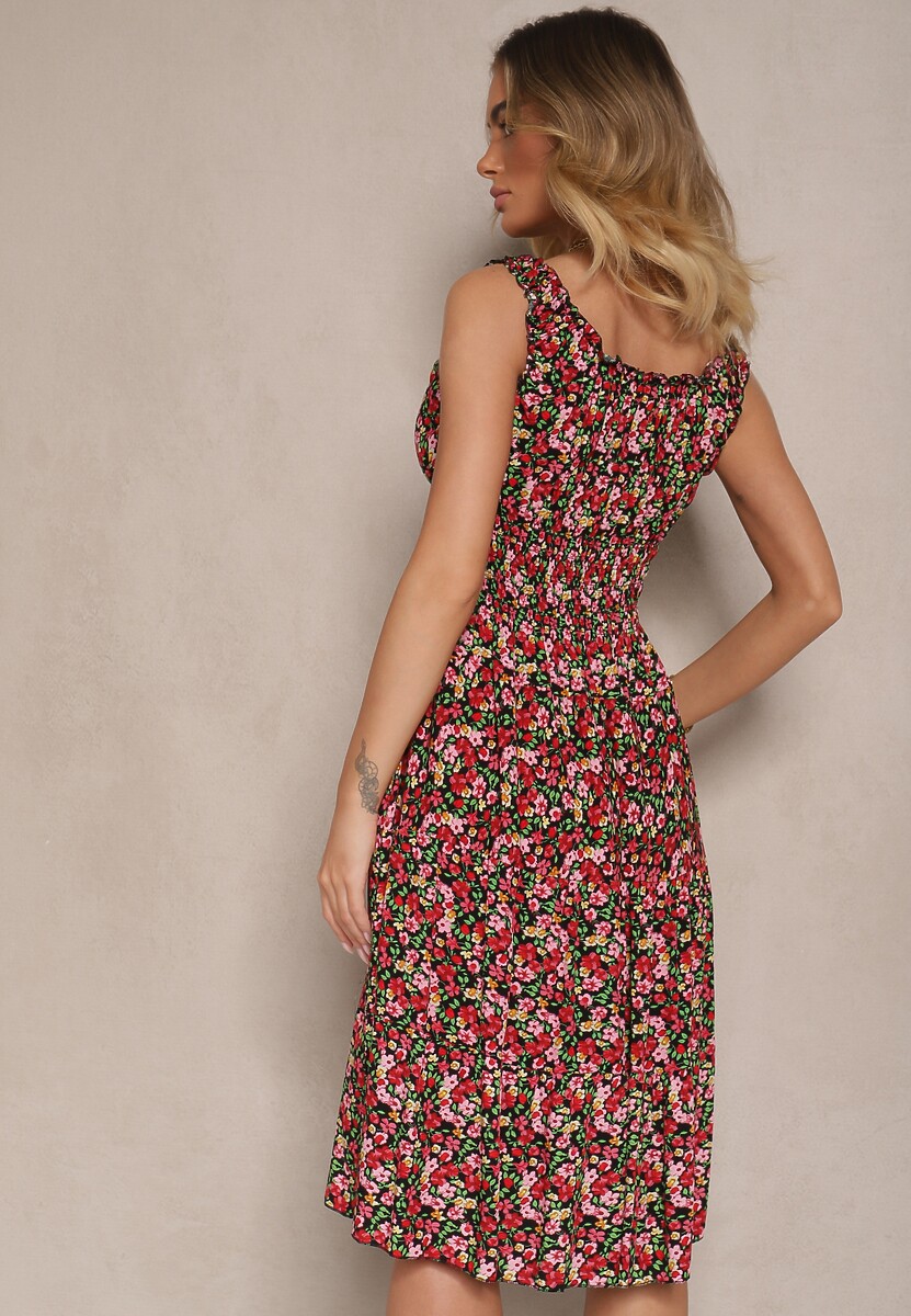 Czarna Bawełniana Sukienka z Guzikami o Rozkloszowanym Kroju w Kwiatowy Print Roniselle