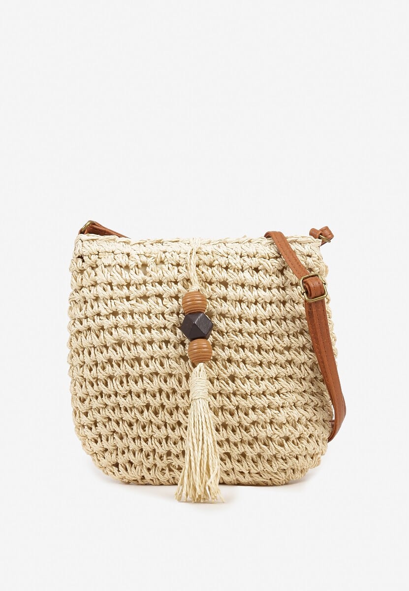 Beżowa Pleciona Torebka z Frędzlami Tirauri
