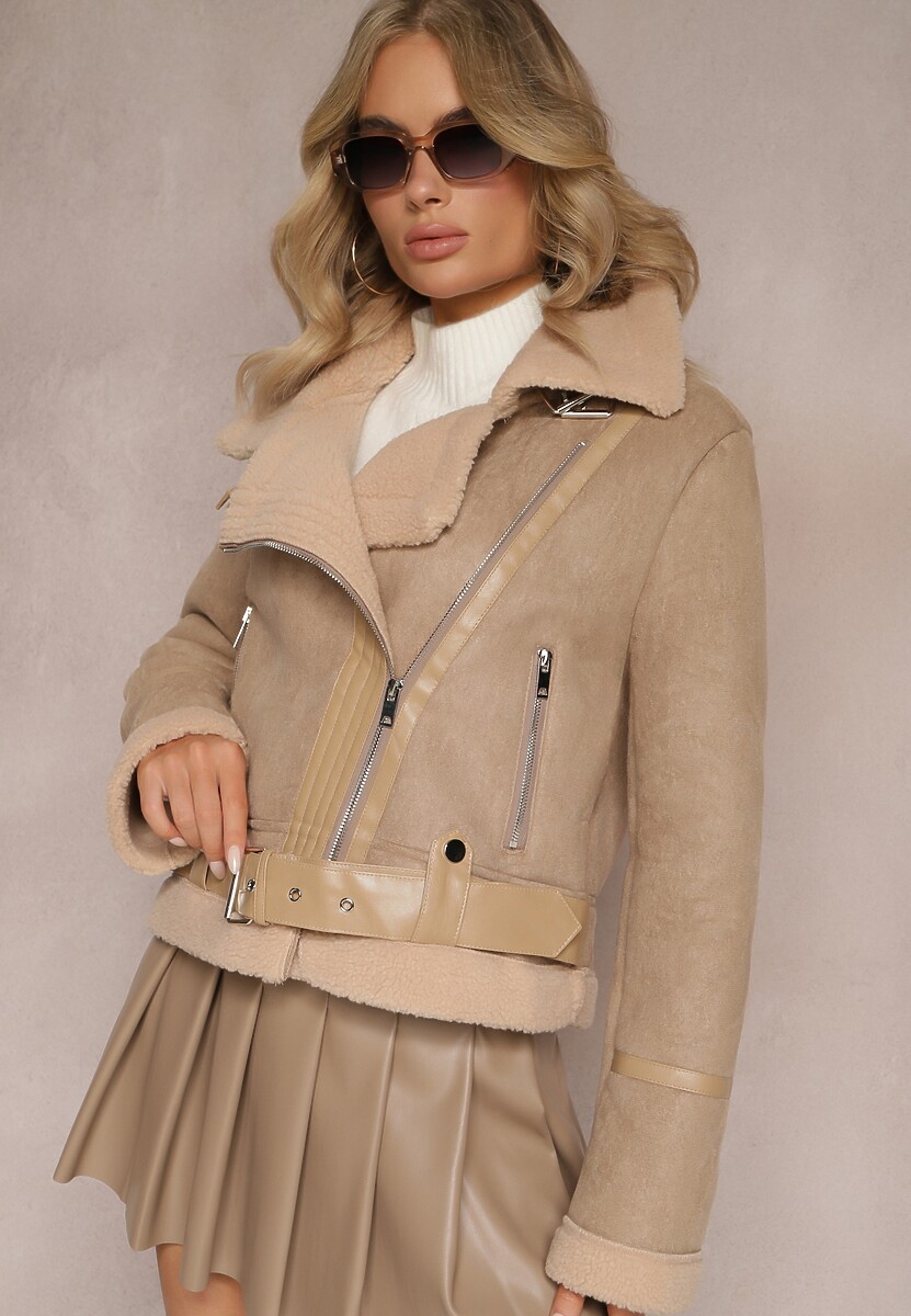 Czarna Kurtka Biker z Imitacji Zamszu i Kożuszka Jassan